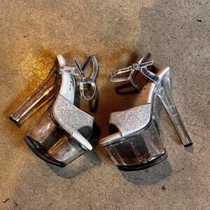 Ellie Glitter Silver Clear Platform High Heels Size 7